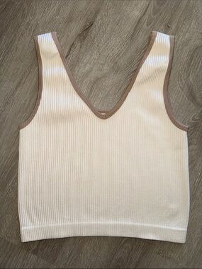 Ribbed V-Neck Tank Top - White with Tan Trim